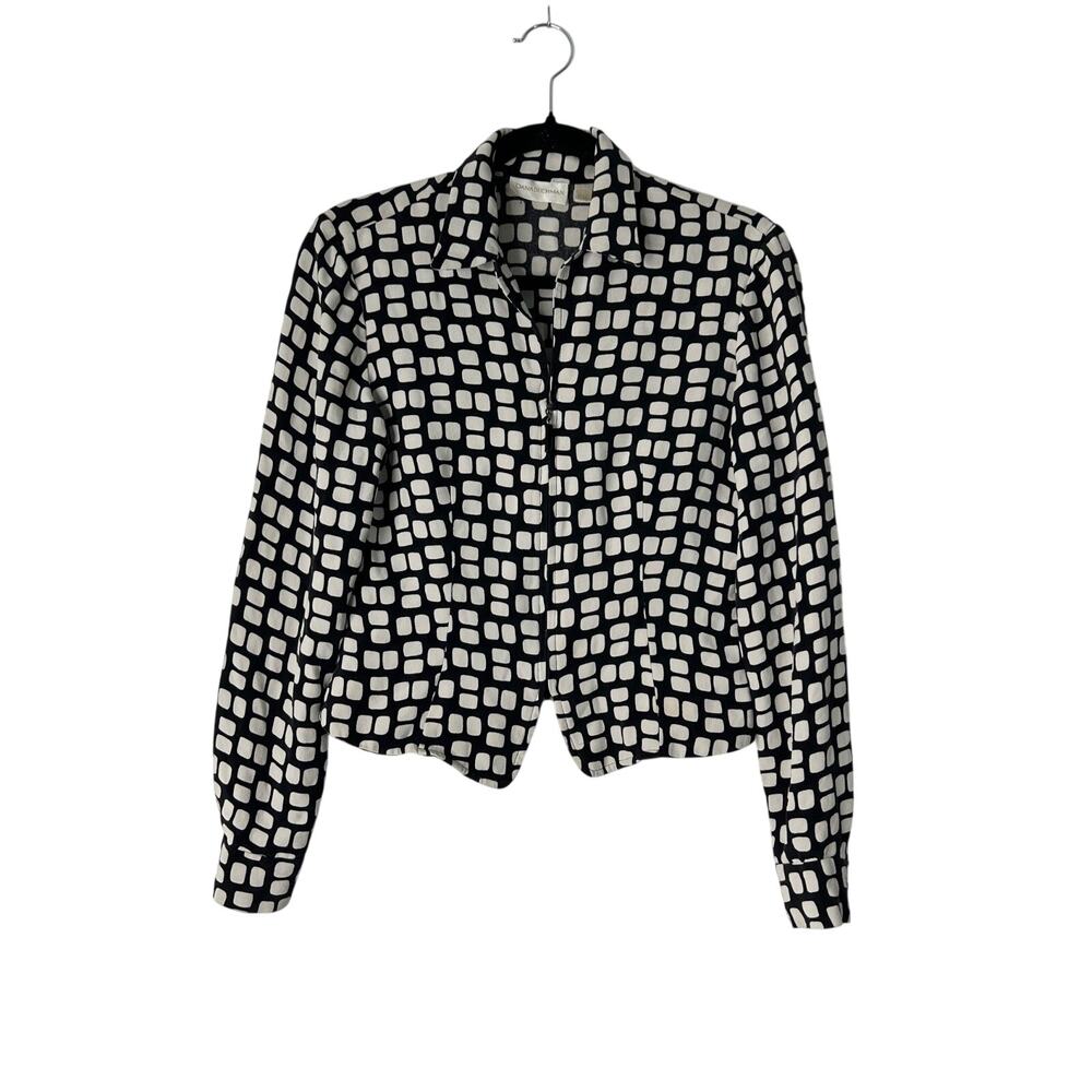 Dana Buchman Long Sleeve Full Zip Silk Blazer Size 2 Black White Geometric Print